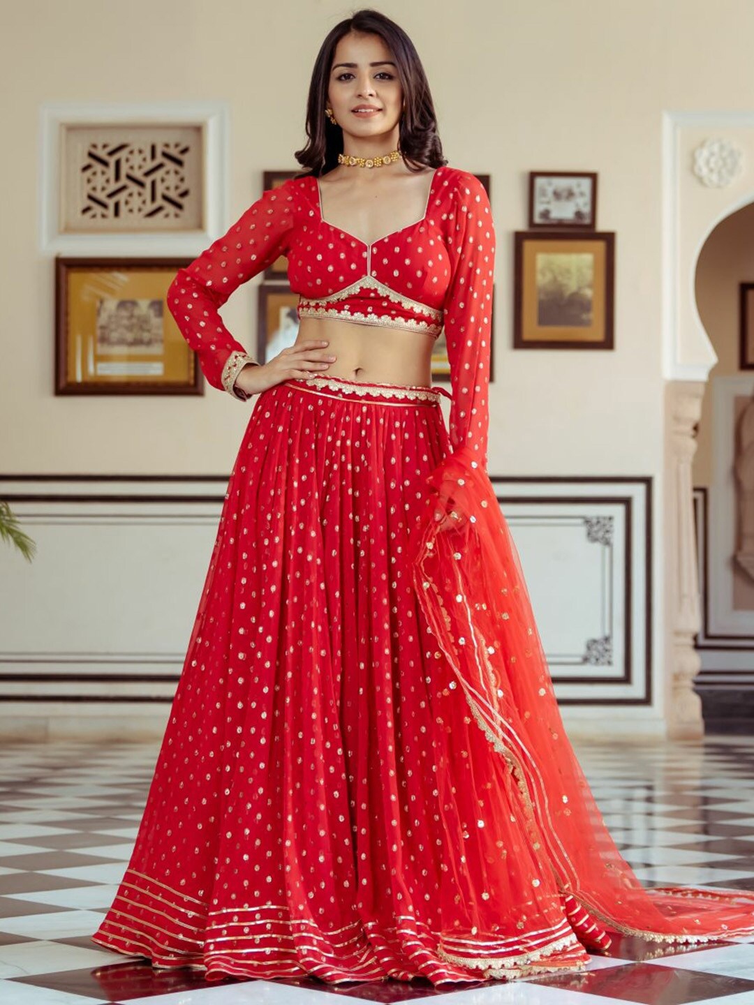 

Lavanya The Label Red & Gold-Toned Ready to Wear Lehenga & Blouse With Dupatta