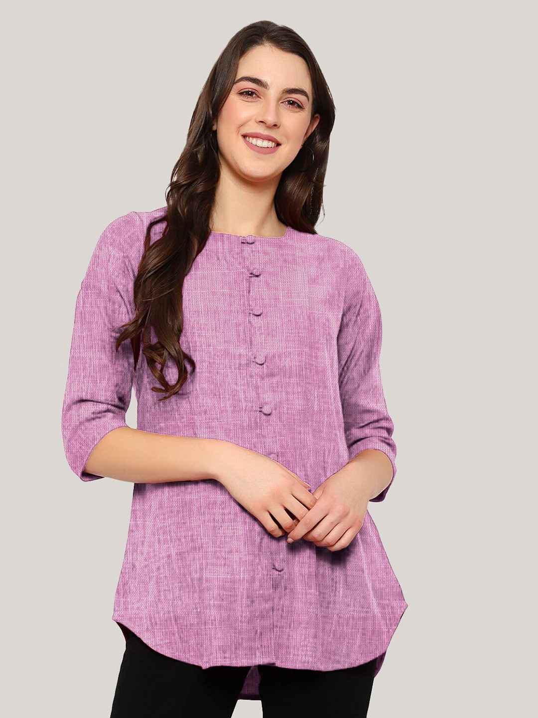 

Indietoga Women's Purple Solid Cotton Linen Tunic Round Neck Button Tops