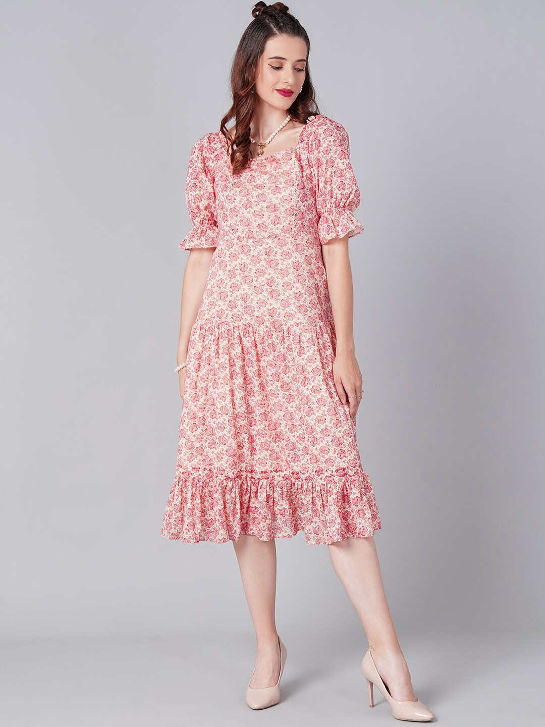 

Cation Cream-Coloured Floral A-Line Midi Dress