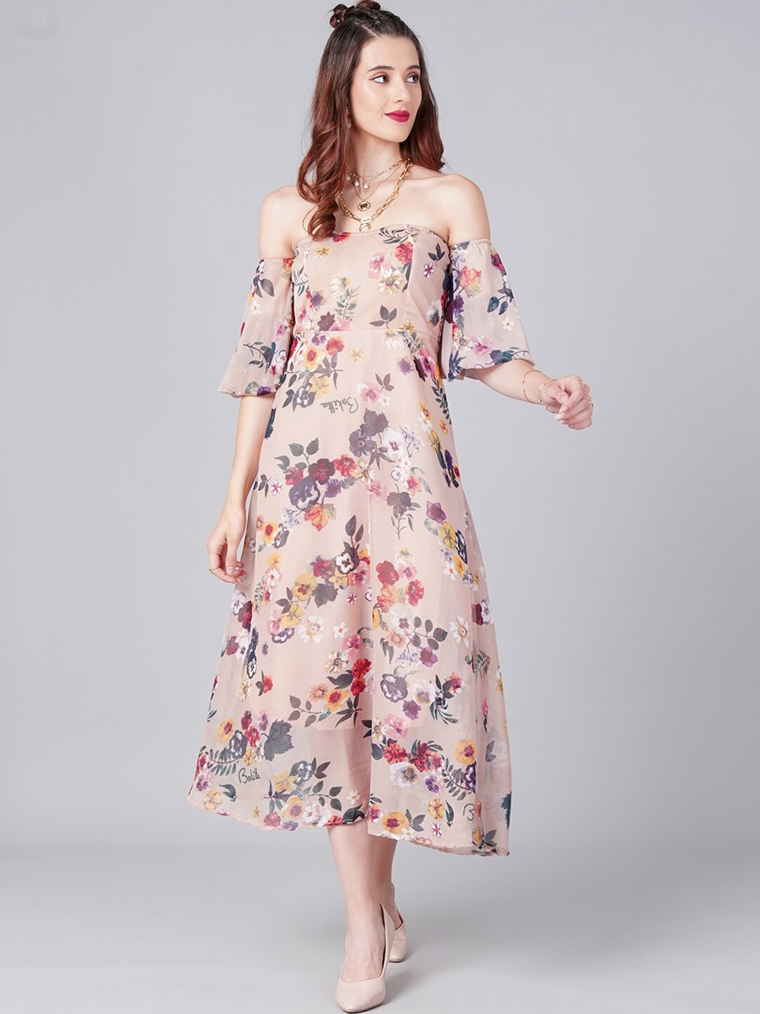 

Cation Beige Floral Off-Shoulder Chiffon A-Line Midi Dress