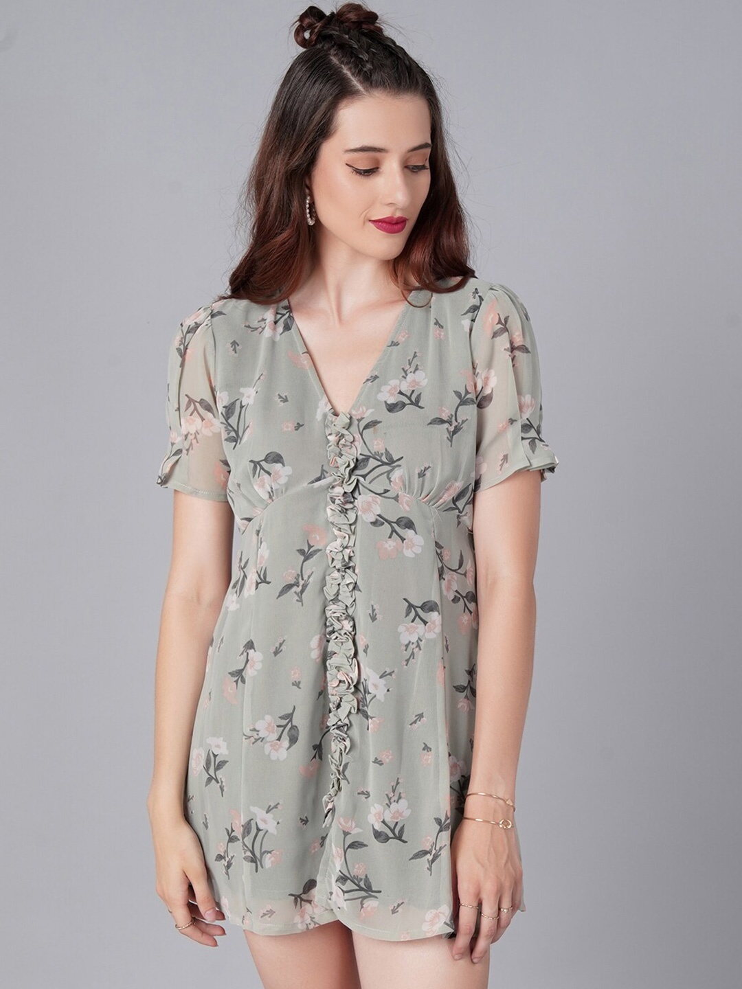 

Cation Green Floral Georgette A-Line Mini Dress
