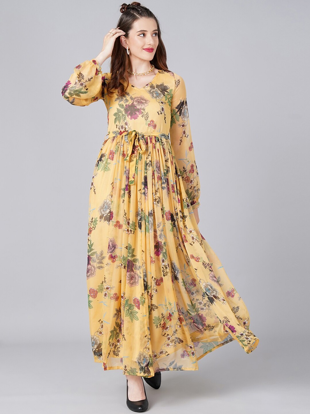 

Cation Women Yellow Floral Chiffon Maxi Dress