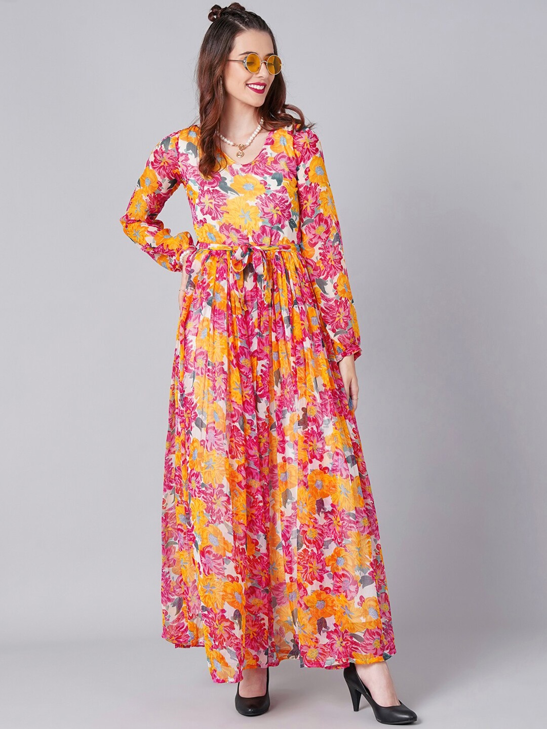 

Cation Women Yellow & Pink Floral Chiffon Maxi Dress