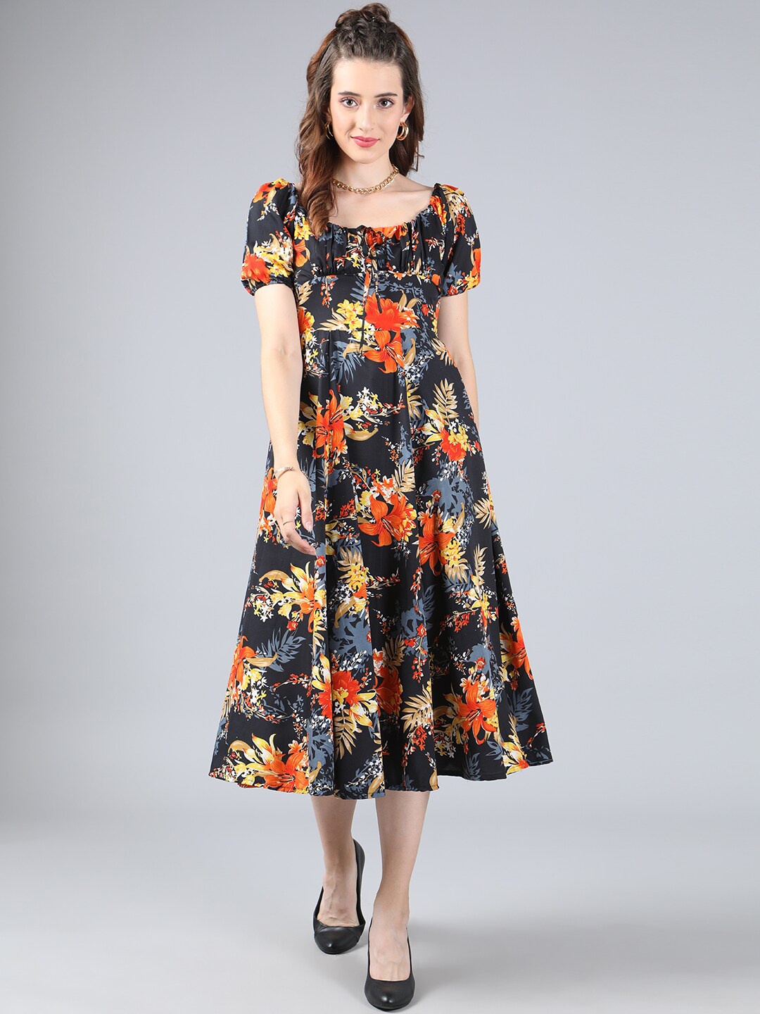 

Cation Black & Orange Floral Crepe Midi Dress