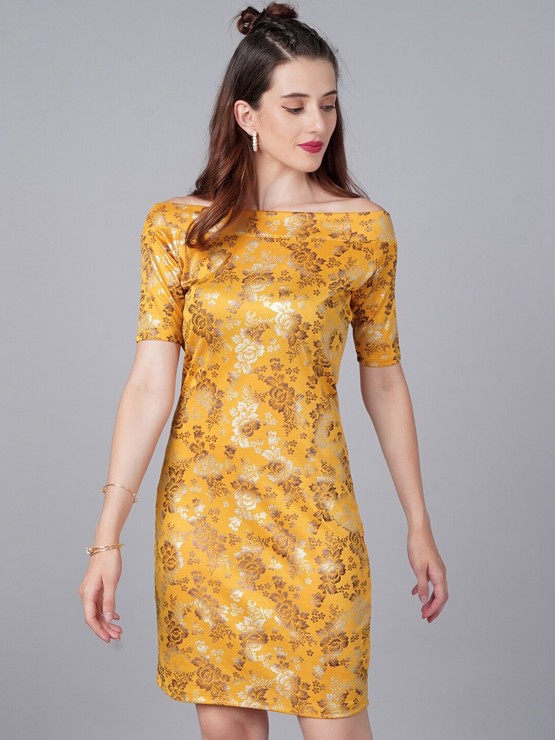 

Cation Mustard Yellow Floral Sheath Dress