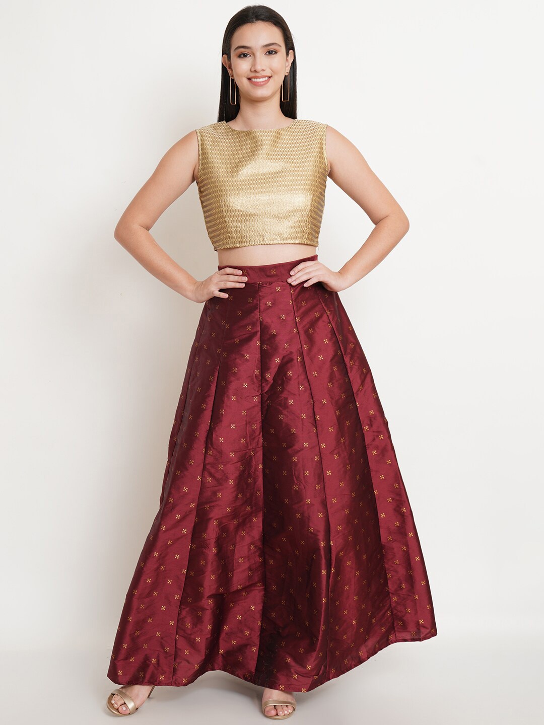 

Purple State Women Maroon & Gold-Toned Ready to Wear Lehenga & Blouse