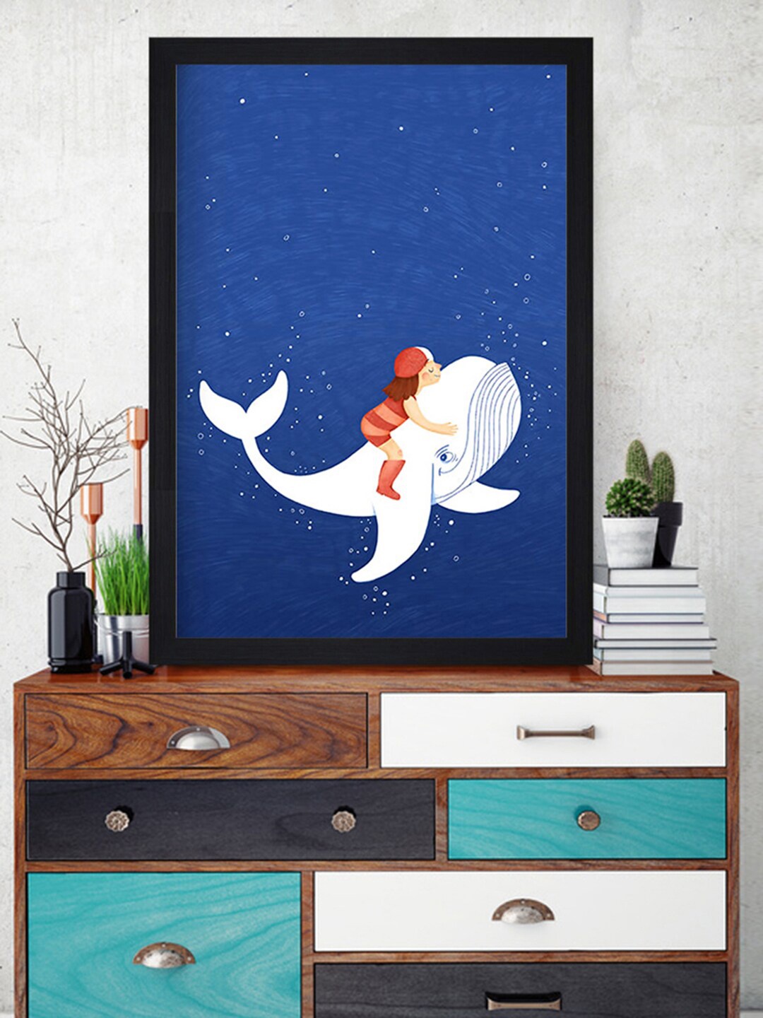 

Gallery99 Blue & White Girl On A Whale extured Paper Framed Wall Art