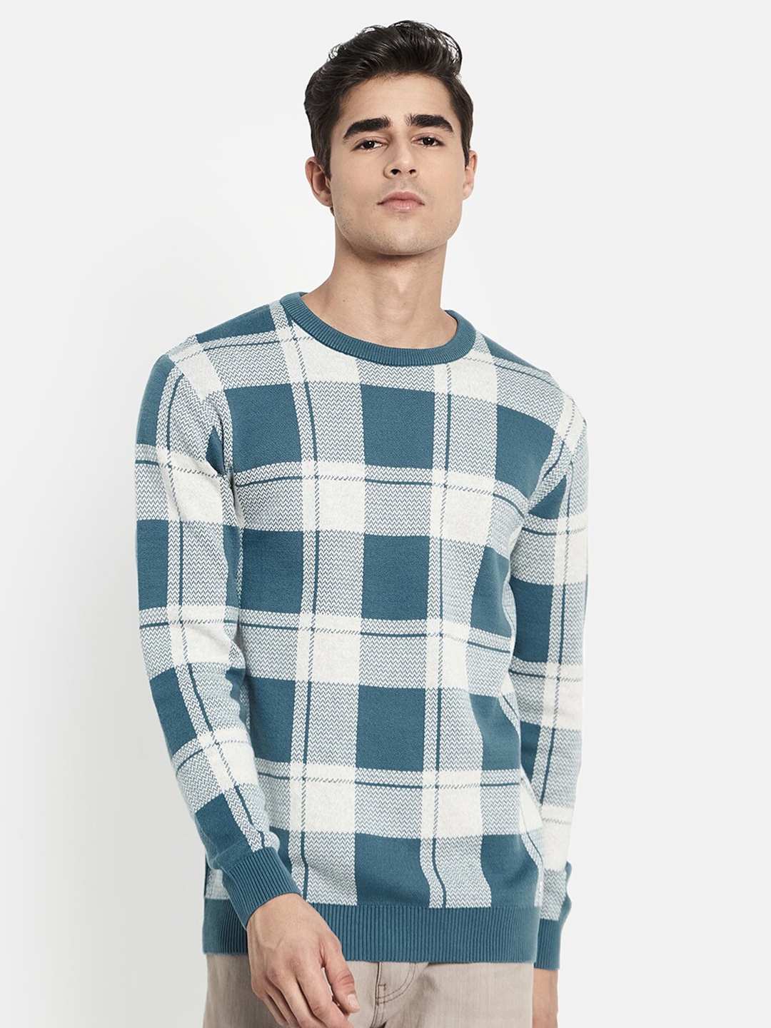 

METTLE Men Blue & White Checked Knitted Cotton Pullover