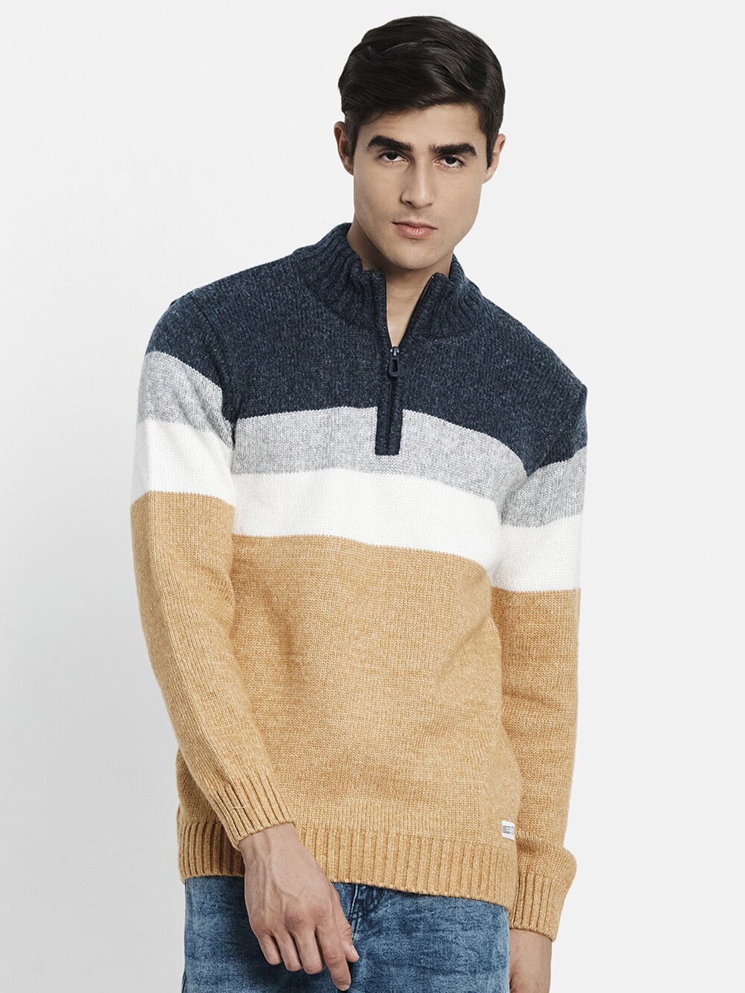 

METTLE Men Mustard & Navy Blue Striped Colourblocked Pullover