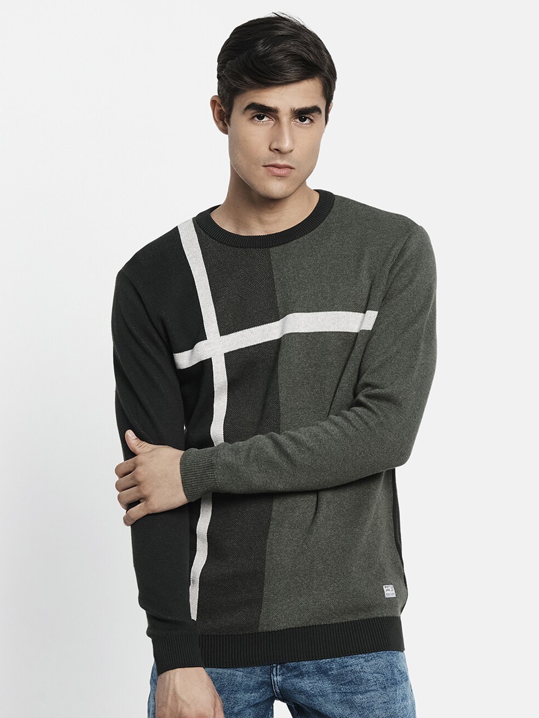 

METTLE Men Olive Green & Off White Colourblocked Pullover