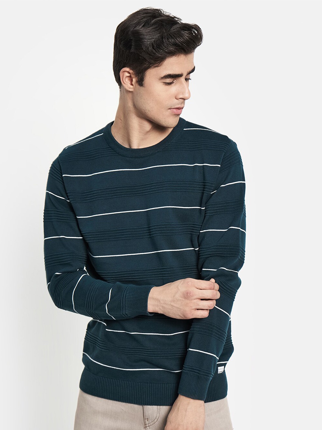 

METTLE Men Teal & White Striped Pullover