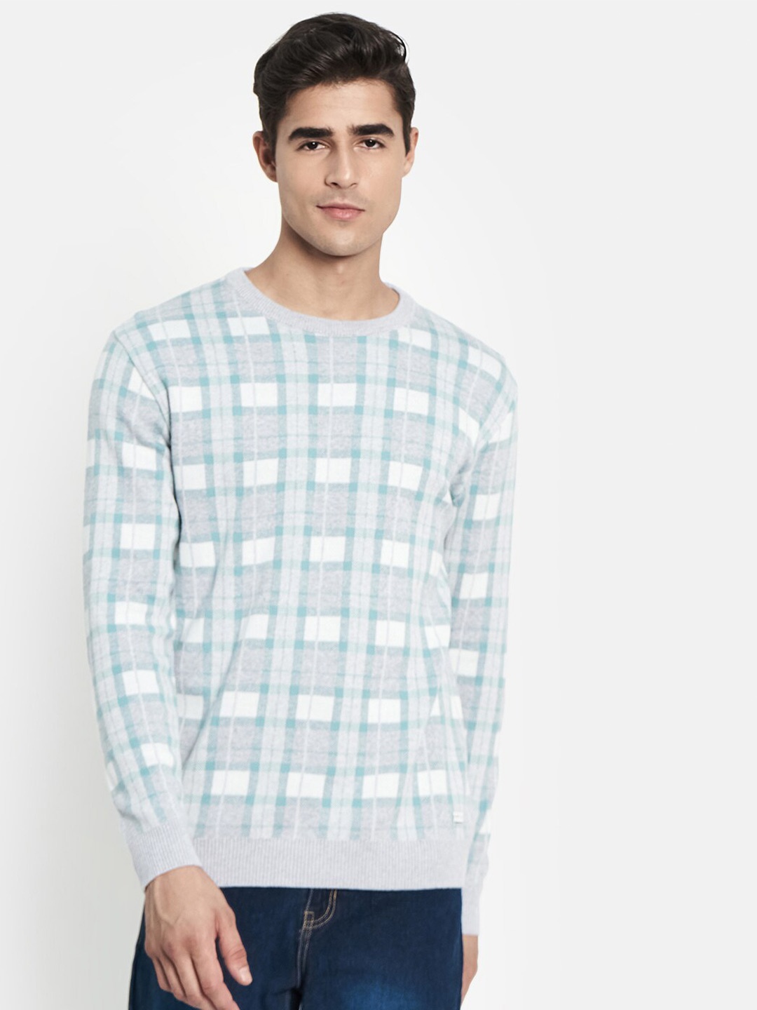 

METTLE Men Grey & Sea Green Checked Pullover Sweater