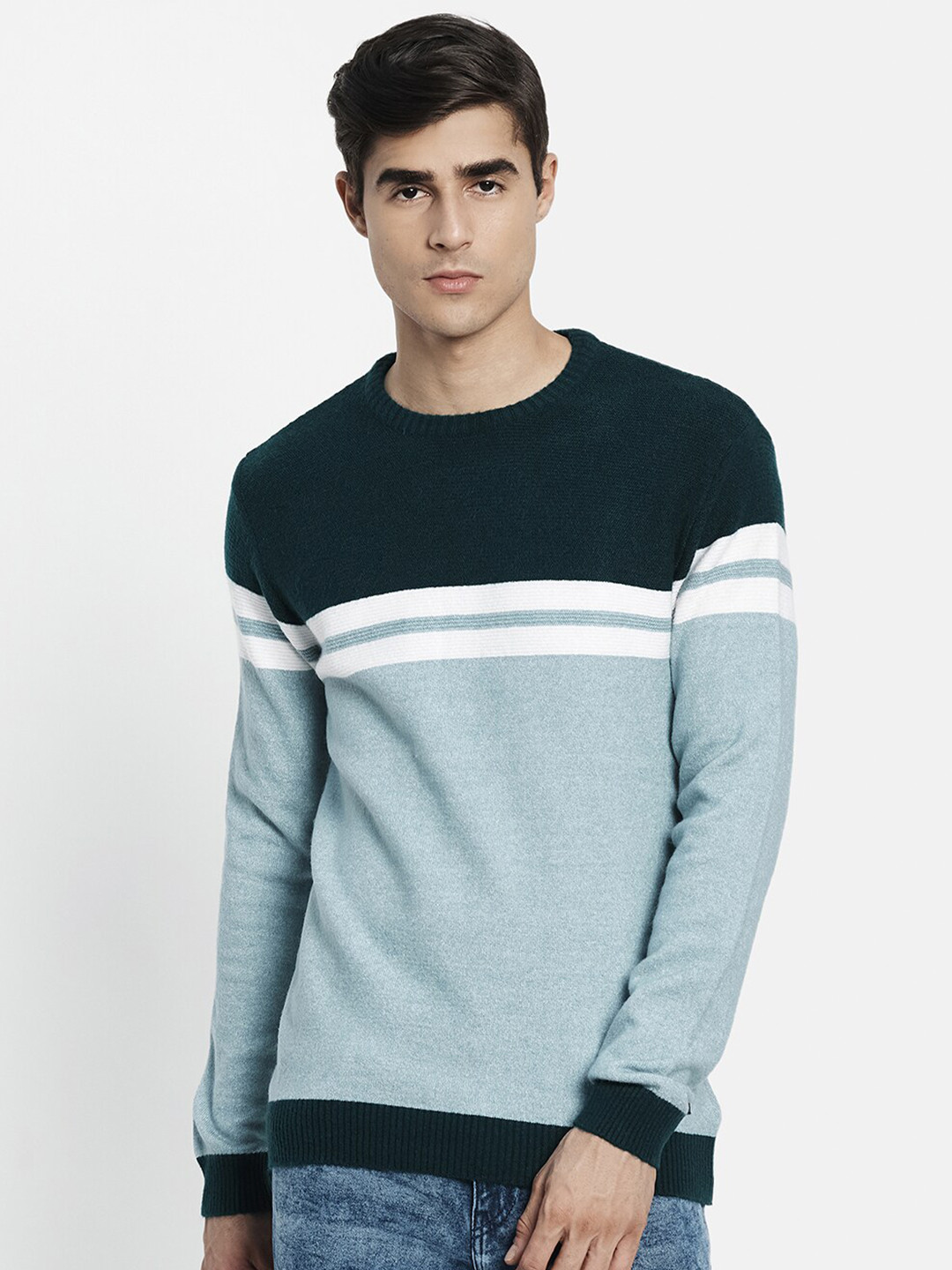 

METTLE Men Blue & Off White Colourblocked Pullover
