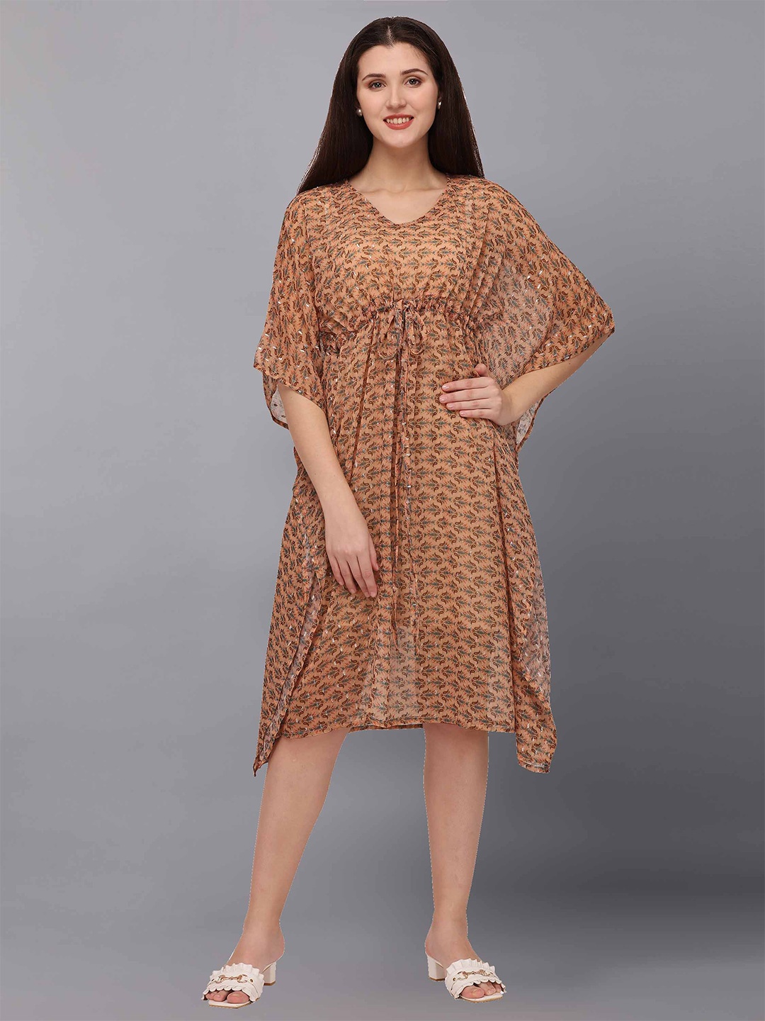 

Fashfun Floral Chiffon Kaftan Dress, Beige