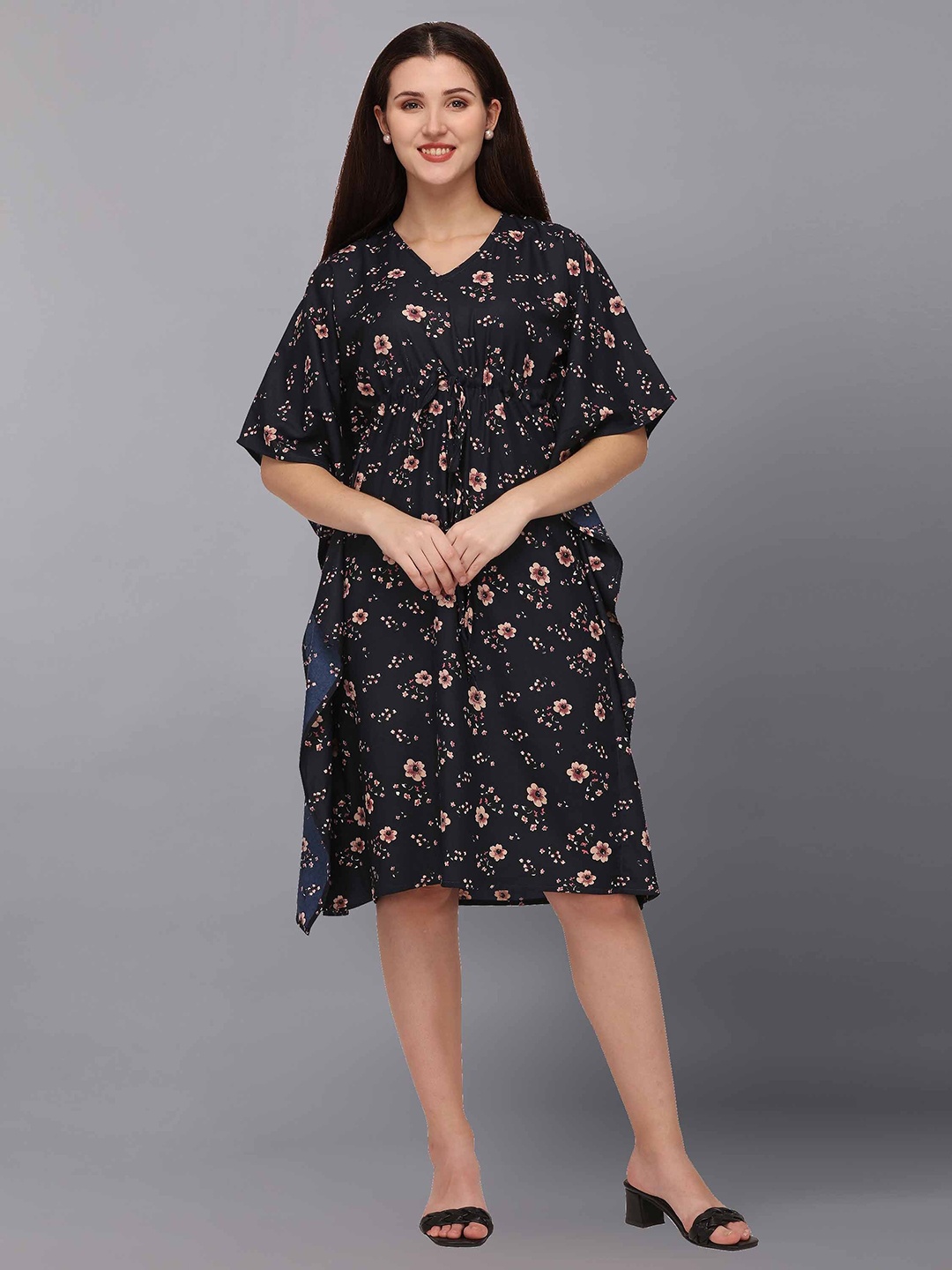 

Fashfun Women Navy Blue & Beige Floral A-Line Dress