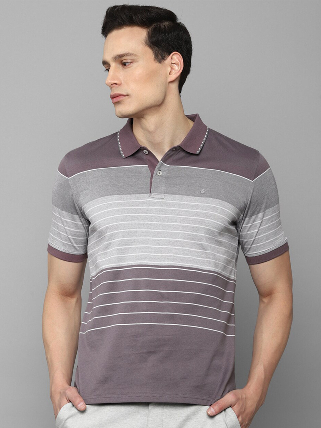 

Louis Philippe Men Grey Striped Polo Collar T-shirt