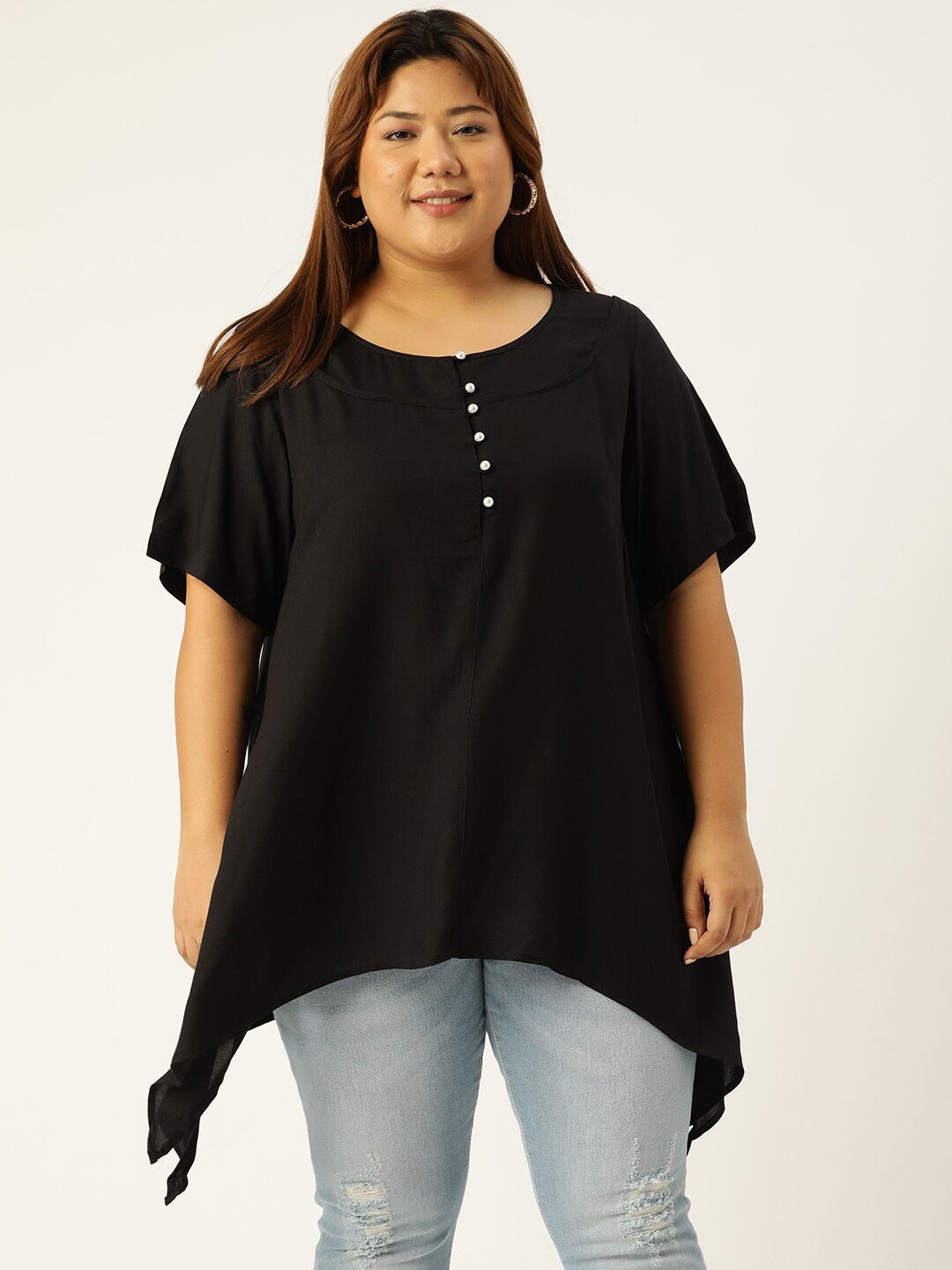 

theRebelinme Plus Size Women Black Solid Asymmetrical Hem Longline Top