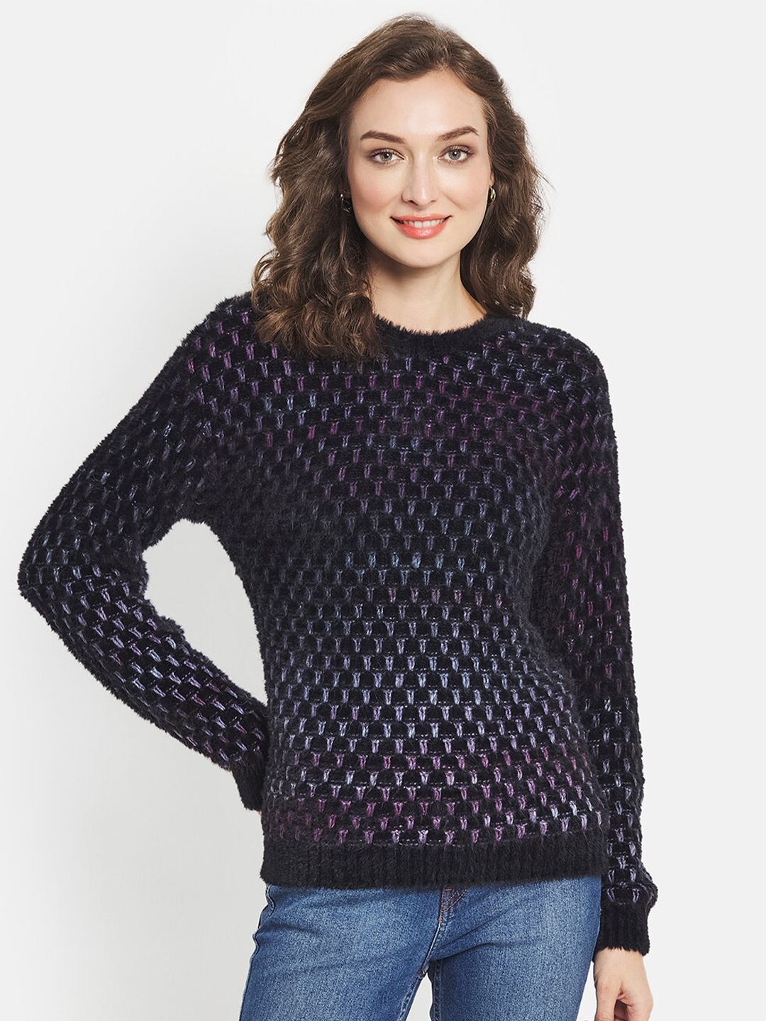

METTLE Women Black & Purple Printed Round Neck Pullover