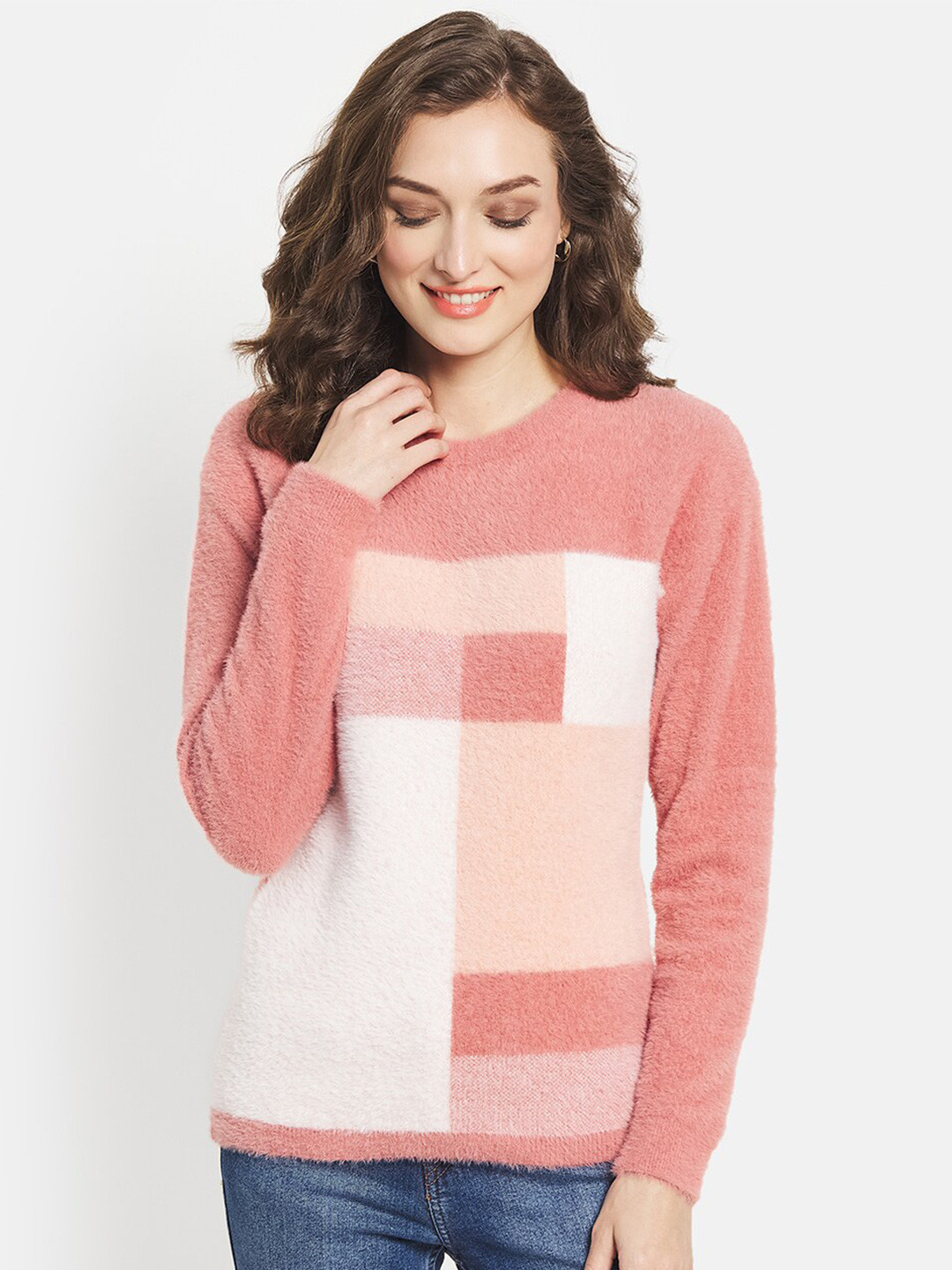 

METTLE Women Coral & White Checked Pullover