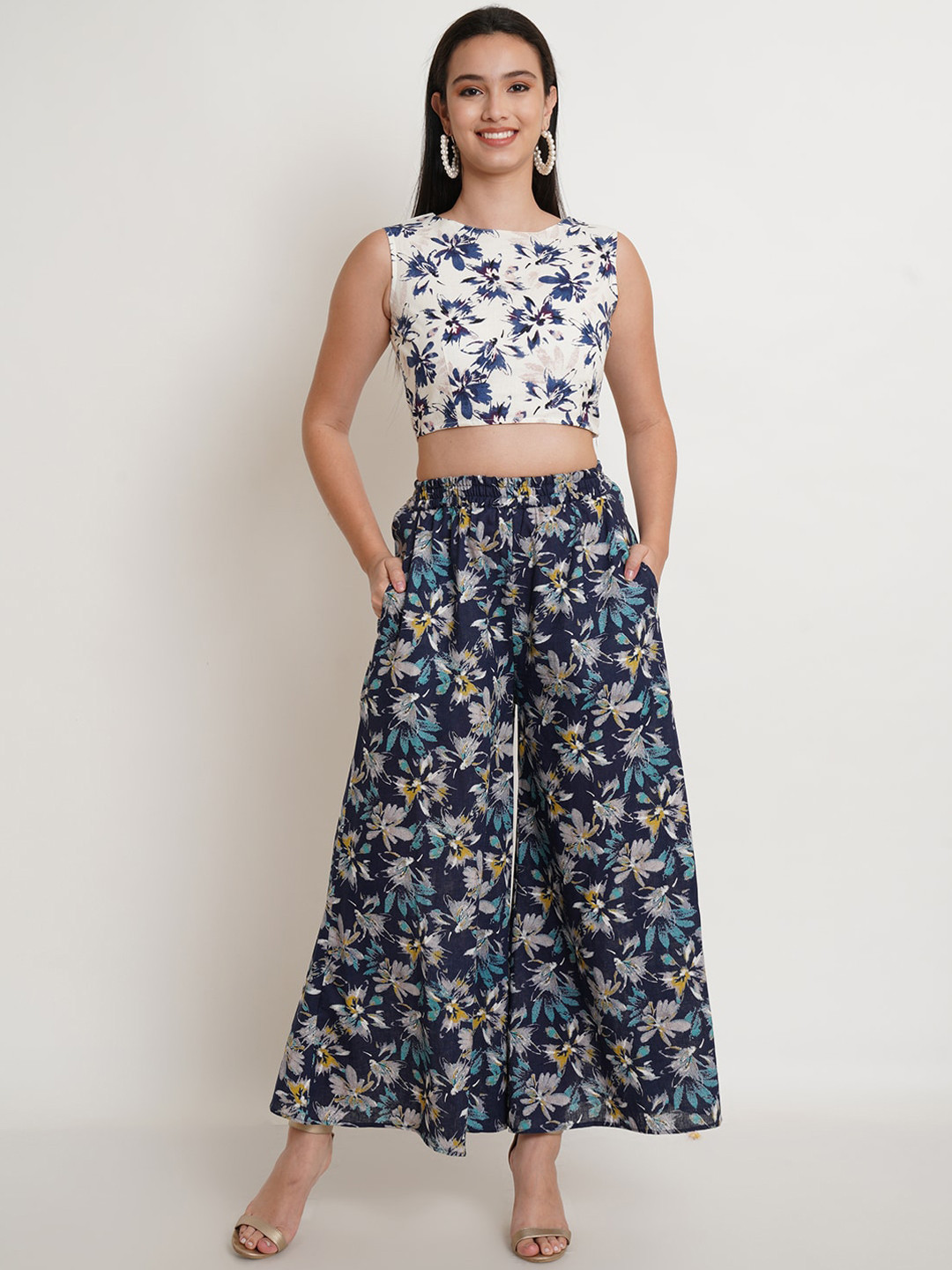 

Purple State Pure Cotton Printed Top with Palazzos, Navy blue