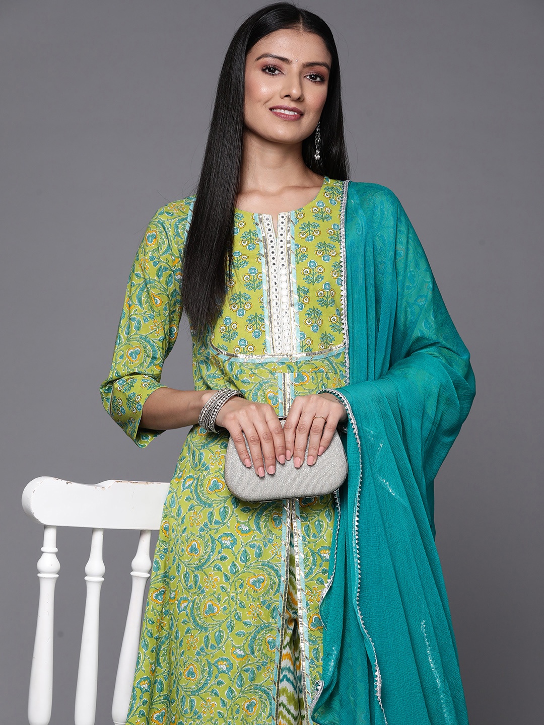 

Varanga Women Green Floral Printed High Slit Mirror Work Pure Cotton Kurta with Palazzos & With Dupatta