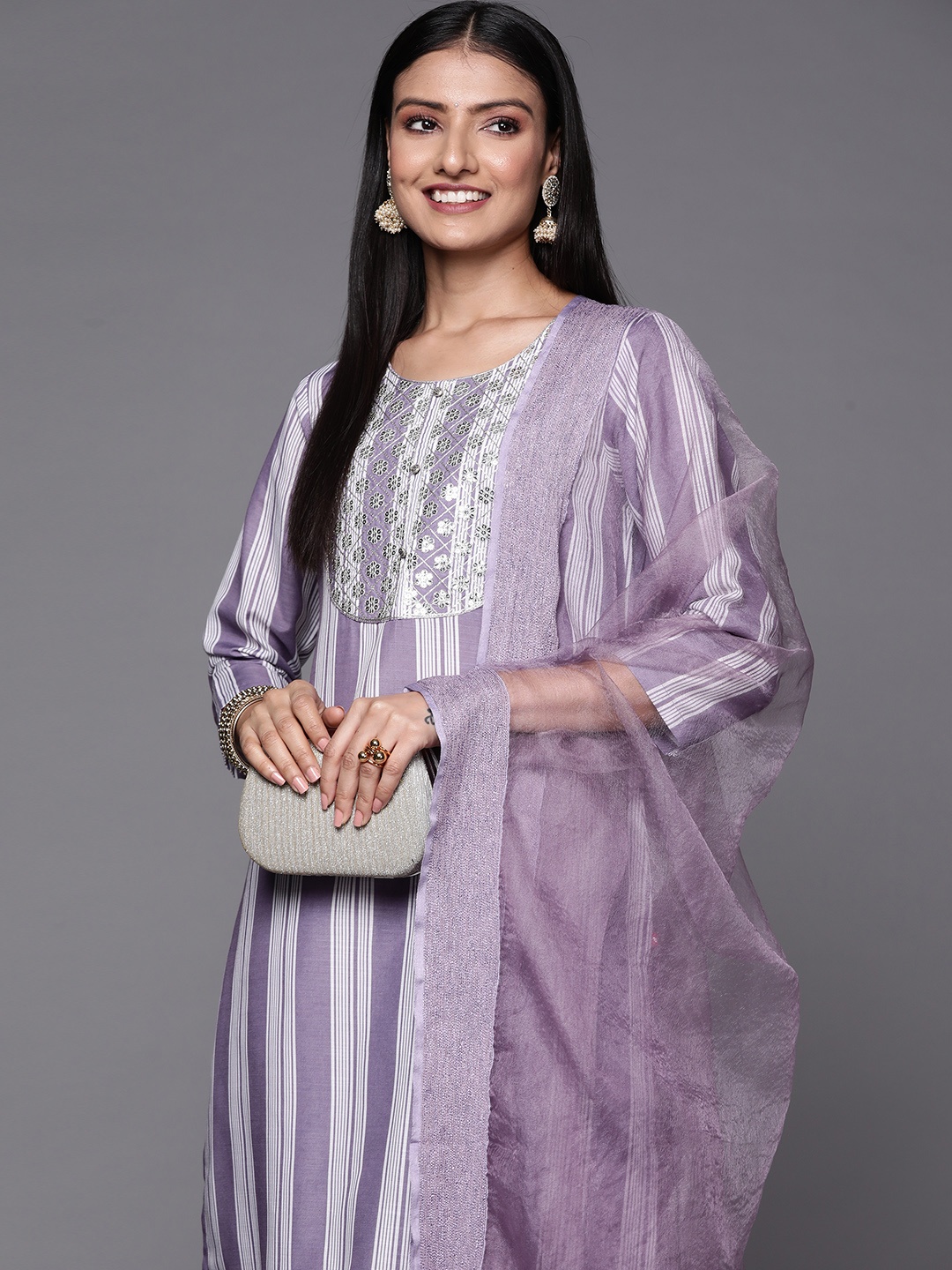 

Varanga Women Lavender & White Embroidered Kurta with Trousers & Dupatta