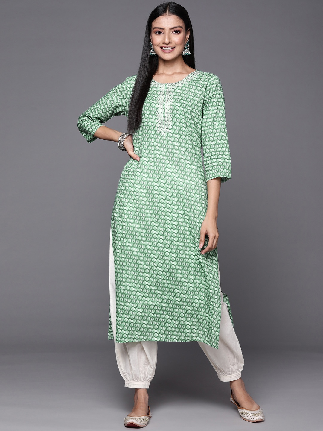 

Varanga Women Green Floral Printed Thread Work Floral Kurta