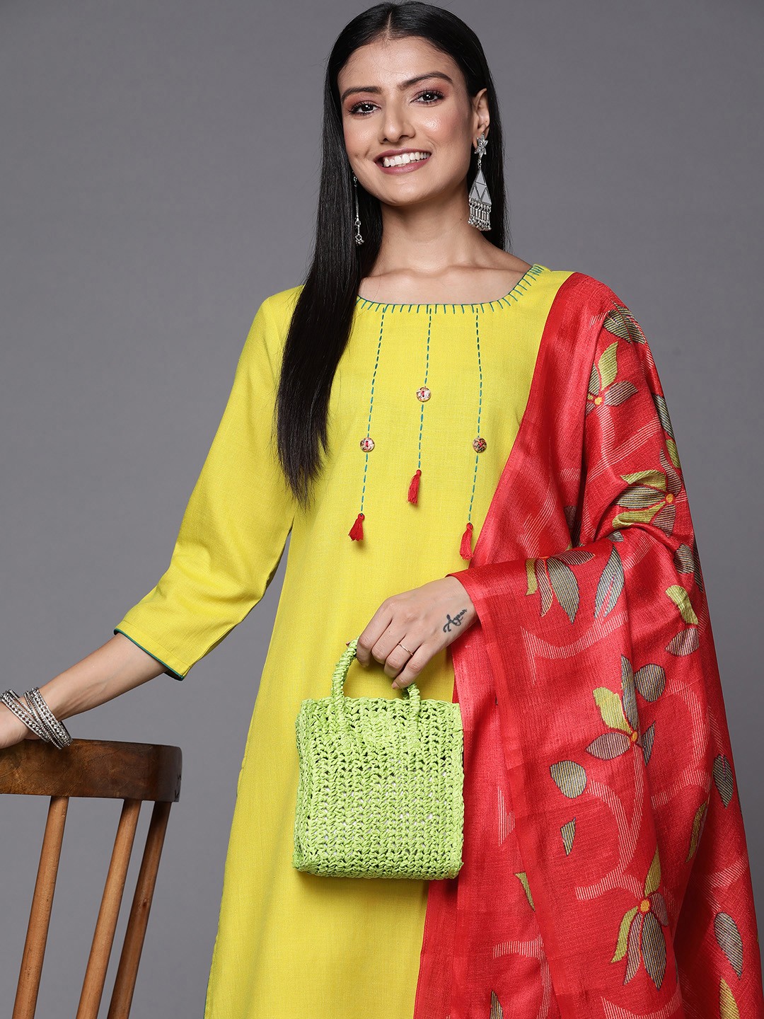 

Varanga Women Lime Green Yoke Design Thread Work Kurta with Trousers & Dupatta