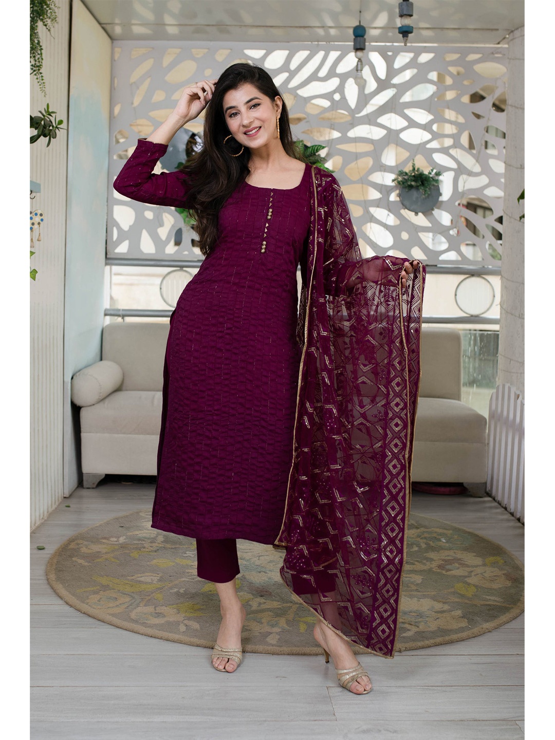 

Ethnic Yard Purple & Gold-Toned Embroidered Semi-Stitched Dress Material