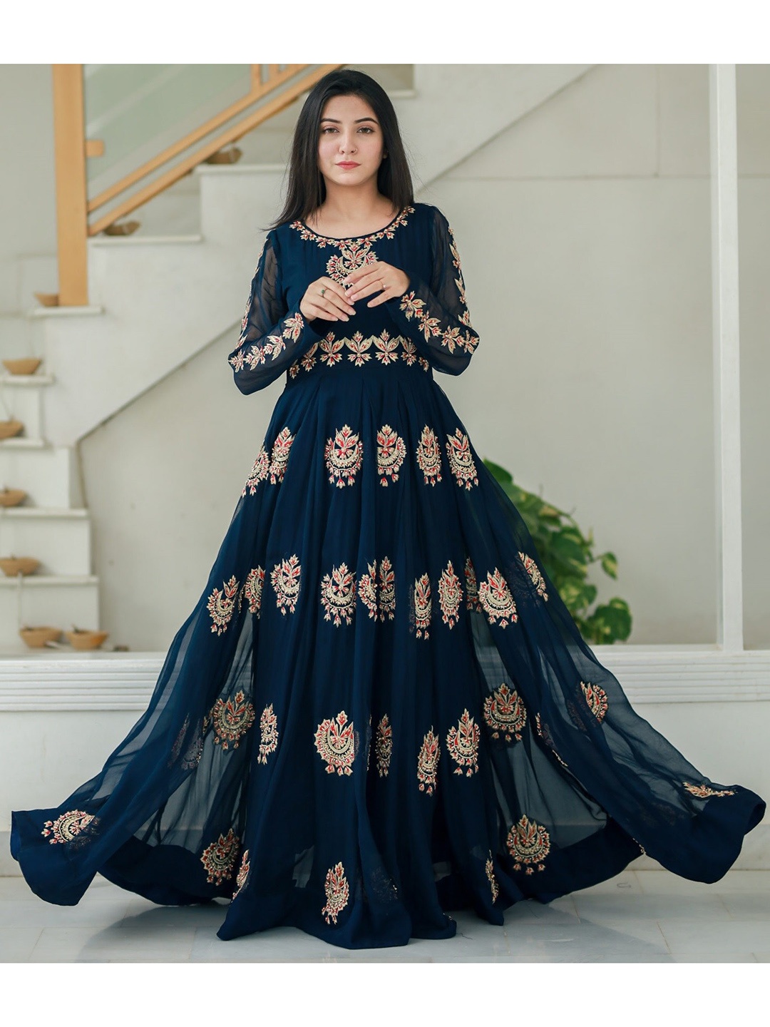 

Ethnic Yard Women Blue & Gold-Toned Embroidered Semi-Stitched Dress Material