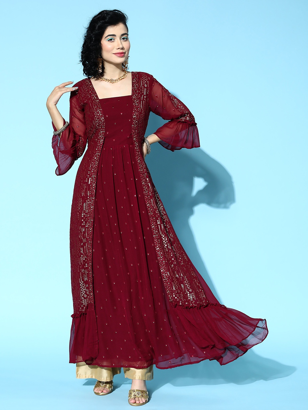 

Kvsfab Women Maroon Georgette Shimmer & Sequin Kurta