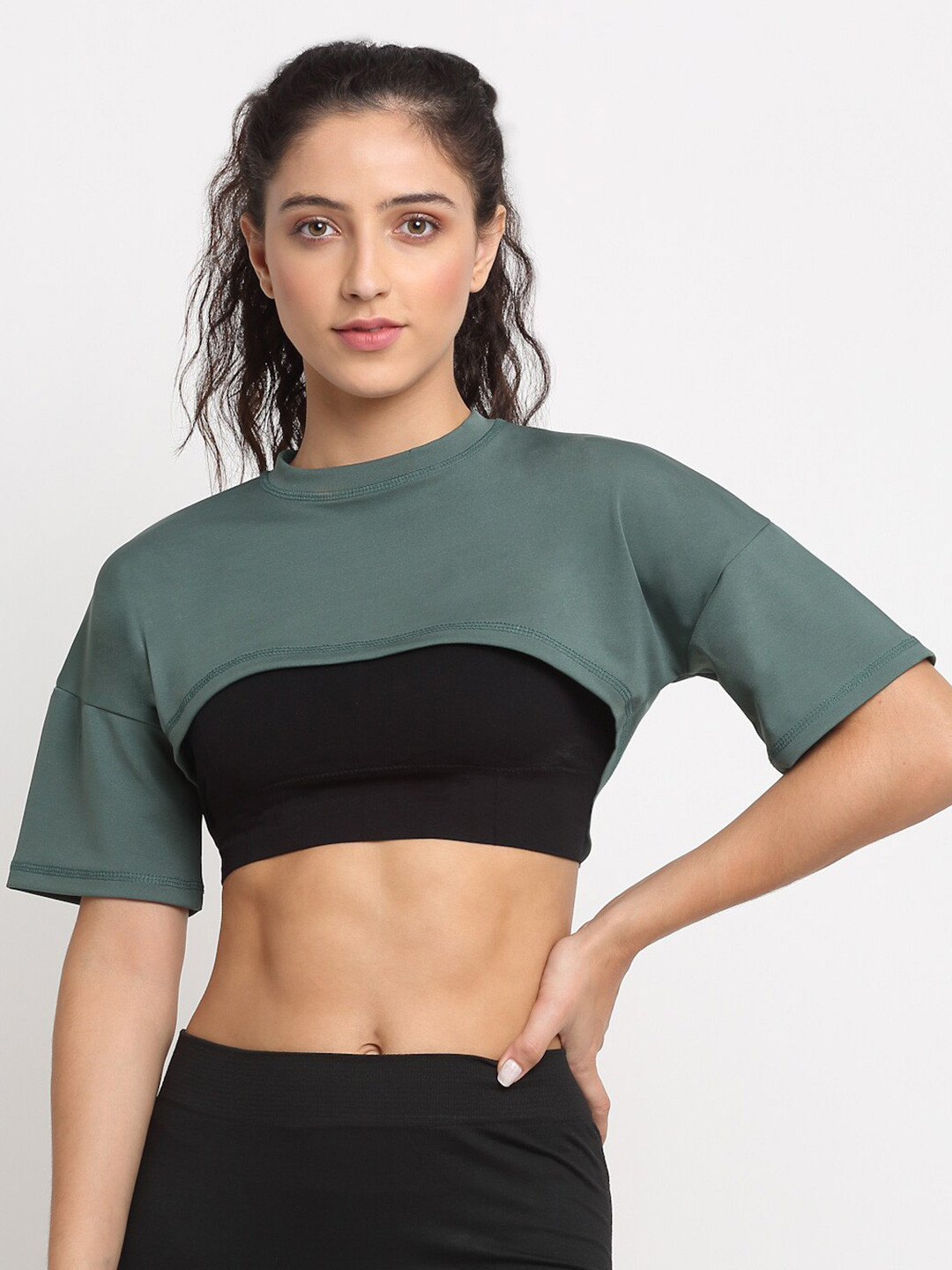

EVERDION Women Green Extended Sleeves Loose Fit Crop T-shirt