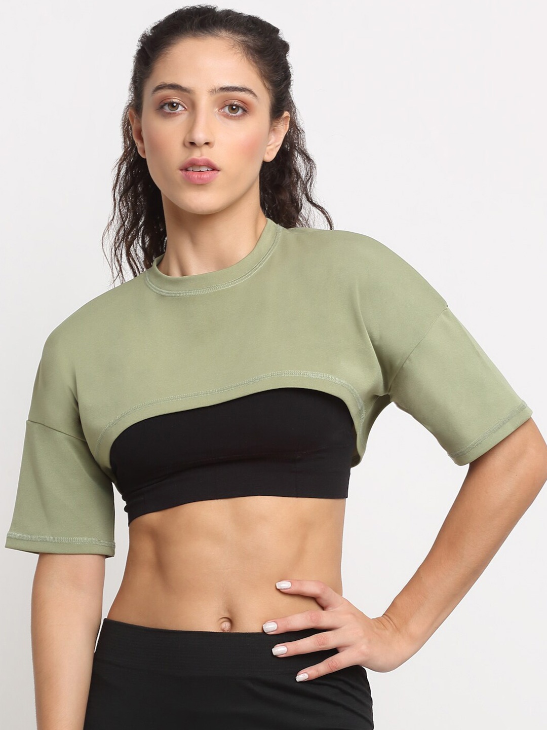 

EVERDION Women Sea Green Drop-Shoulder Sleeves Loose Crop T-shirt