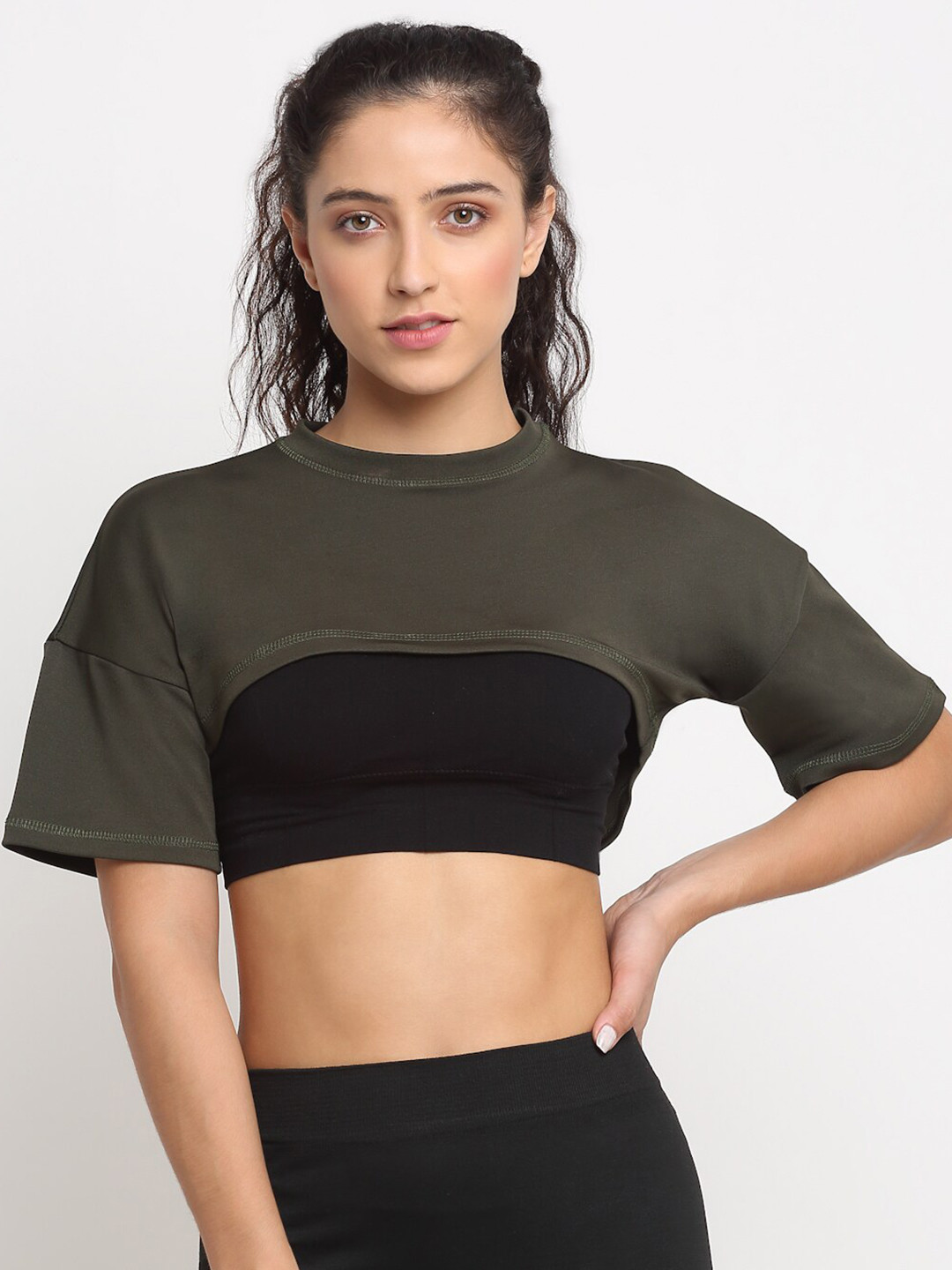 

EVERDION Women Olive Green & Black Colourblocked Drop-Shoulder Sleeves Slim Fit T-shirt