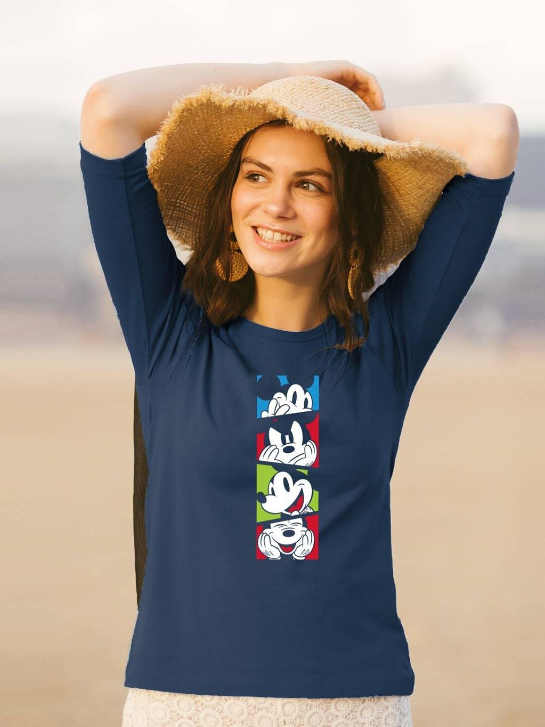 

Bewakoof Women Blue Typography Mickey Mouse Pure Cotton T-shirt