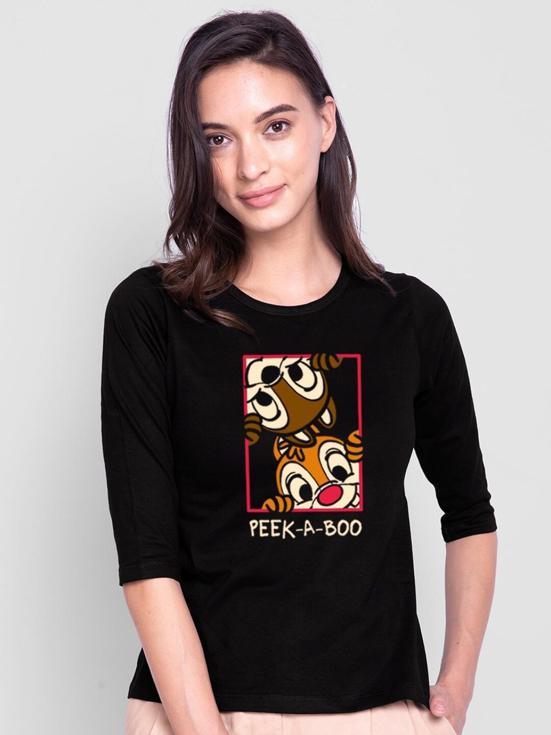 

Bewakoof Women Black Printed Pure Cotton Slim Fit T-shirt