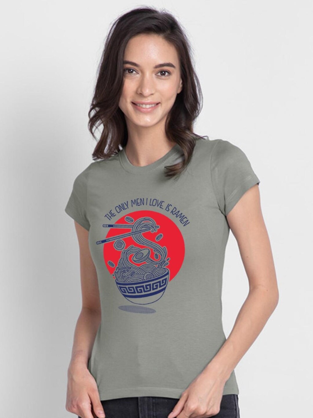 

Bewakoof Women Grey Slim Fit Printed Pure Cotton T-shirt