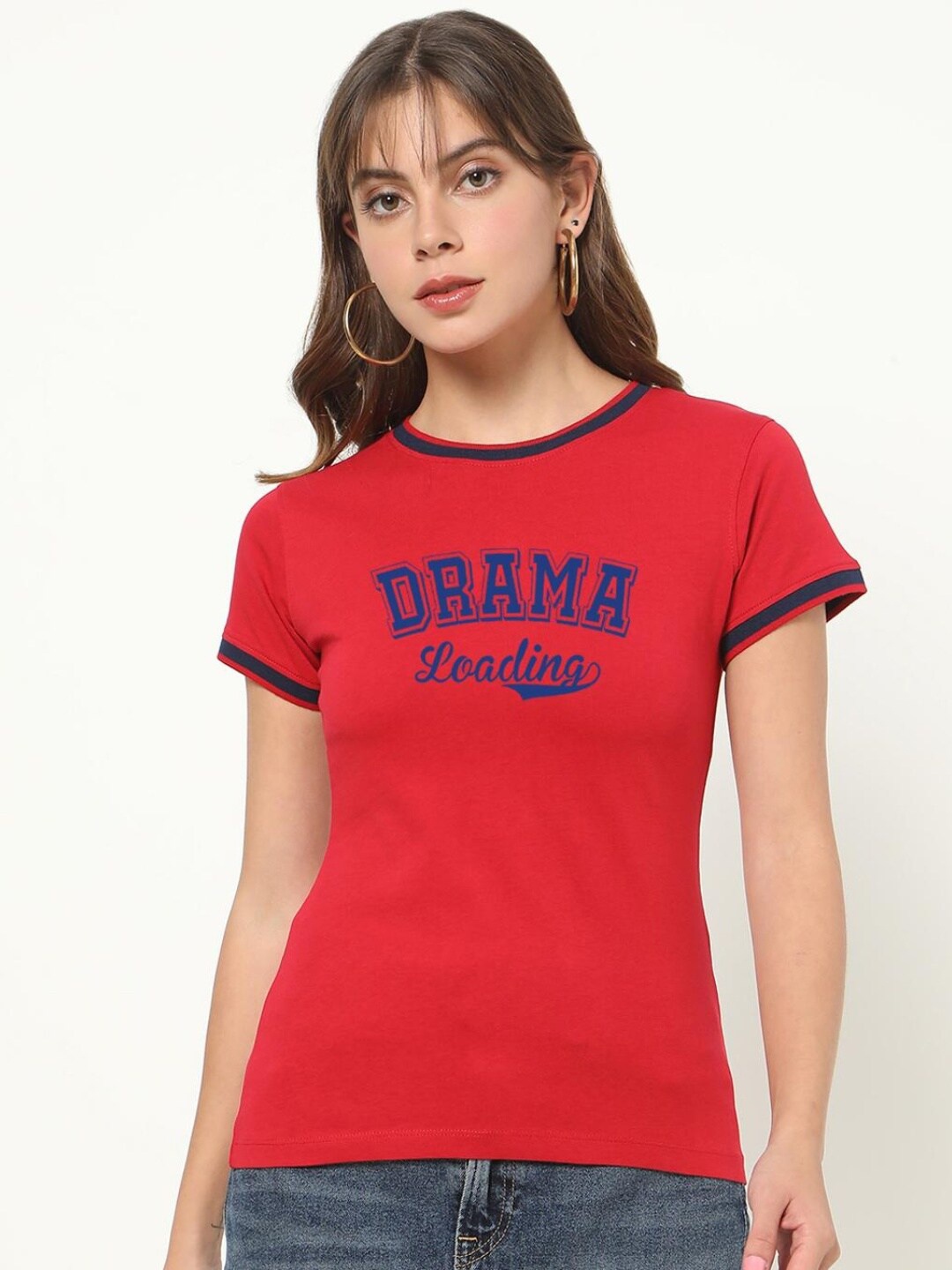 

Bewakoof Women Red Typography Pure Cotton Applique Loose T-shirt