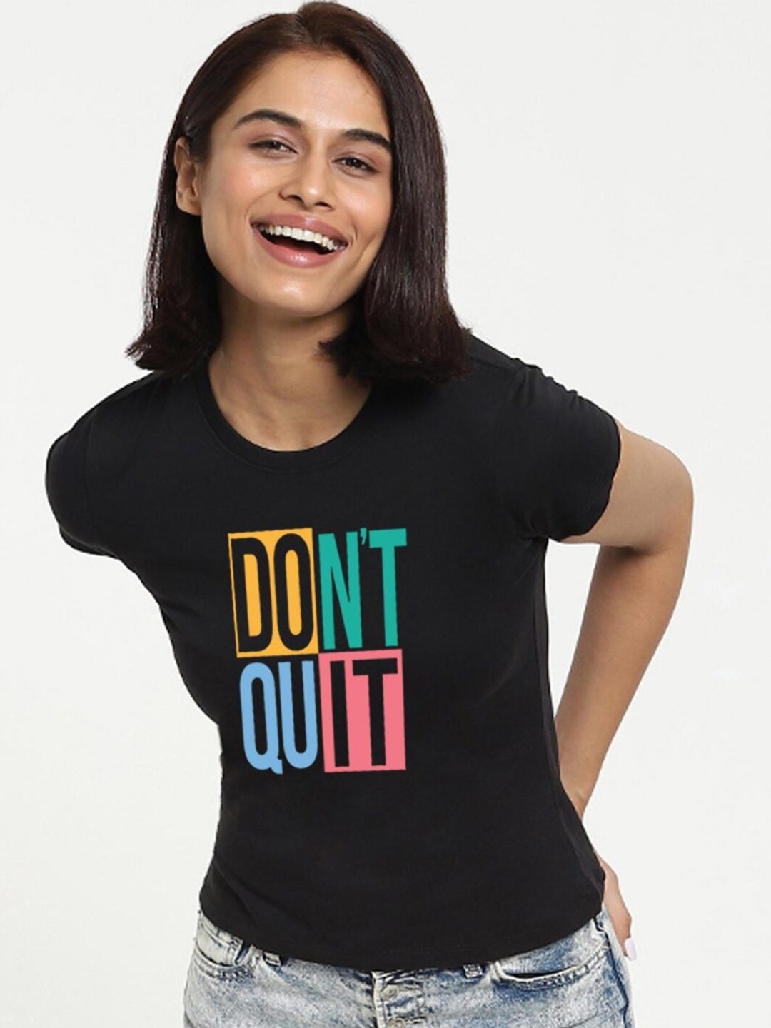

Bewakoof Women Black Printed Extended Sleeves Pure Cotton Slim Fit T-shirt
