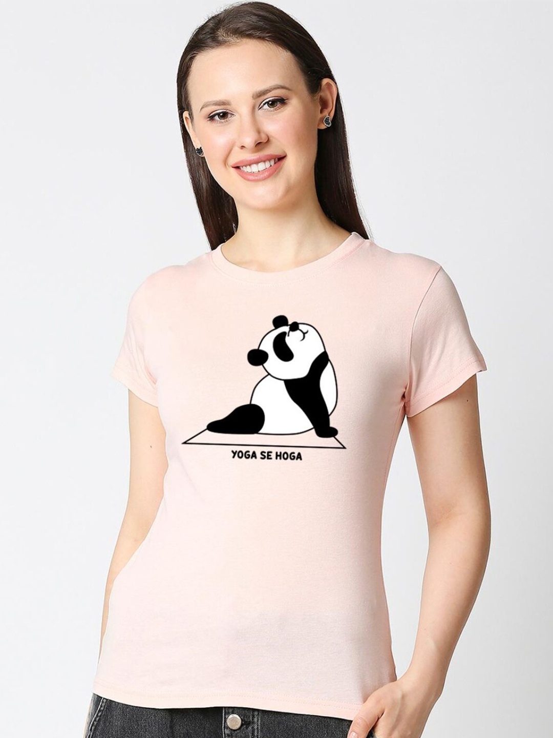

Bewakoof Women Pink & White Printed Pure Cotton Slim Fit T-shirt