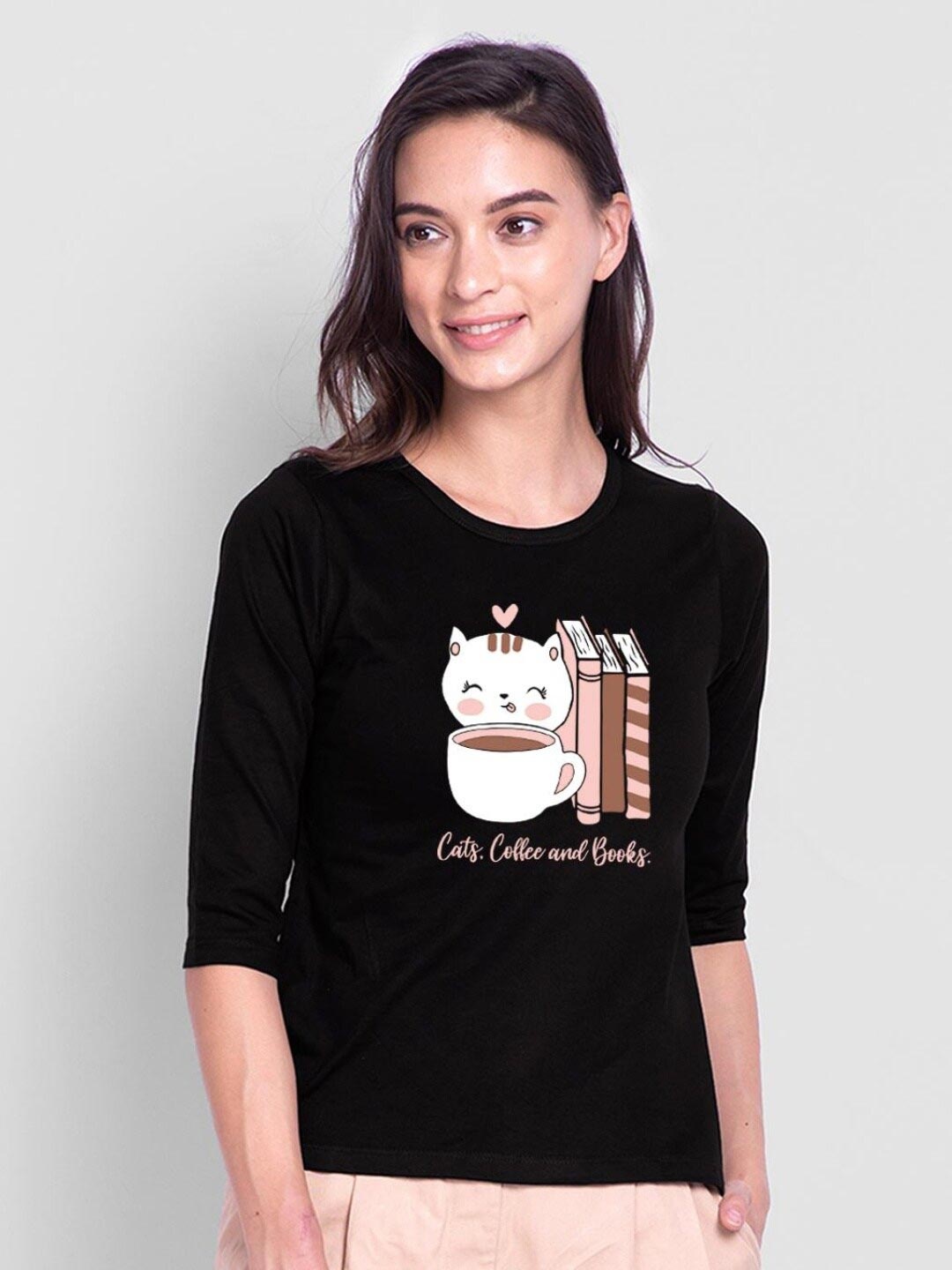

Bewakoof Women Black Printed Pure Cotton T-shirt