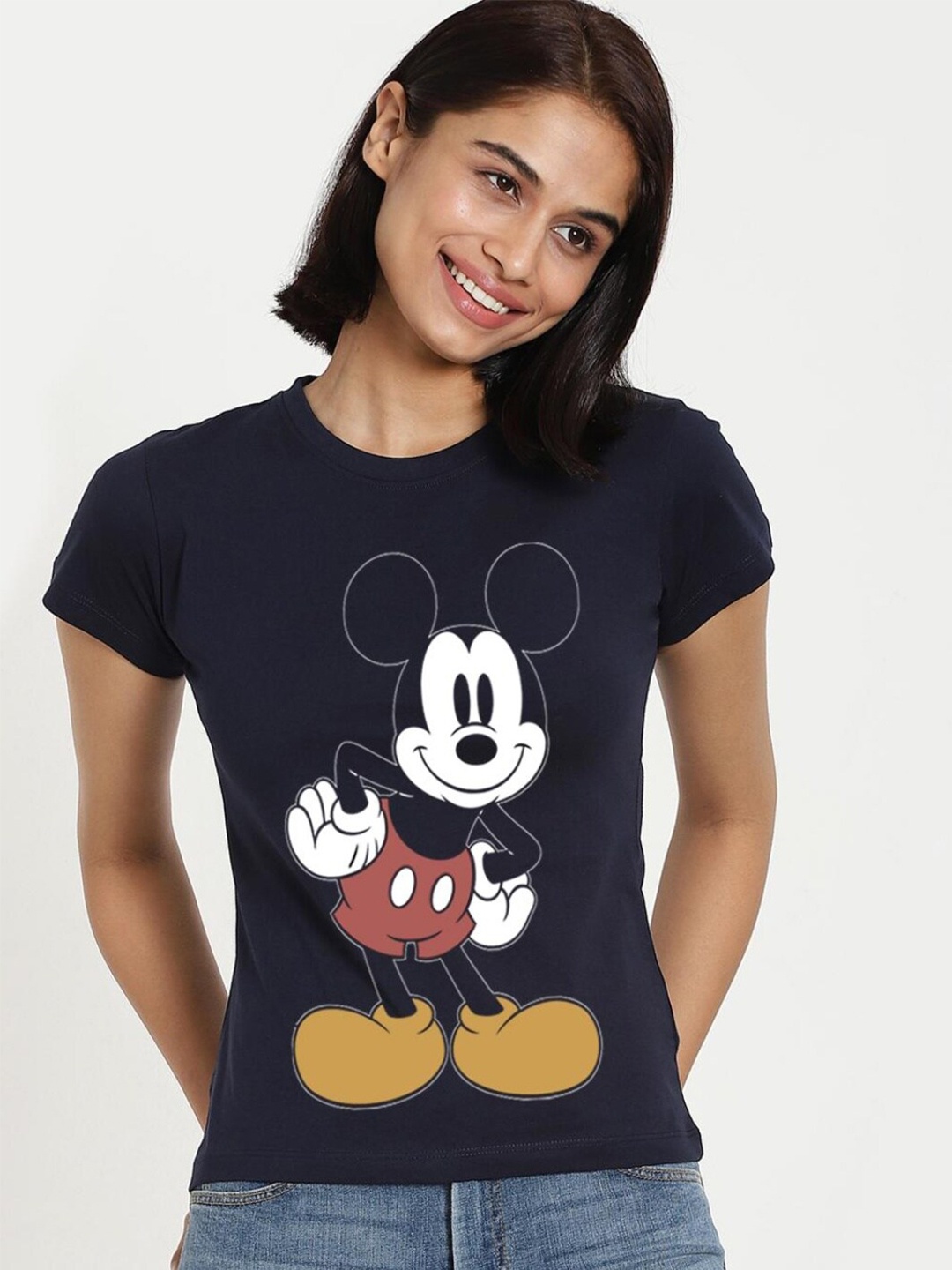 

Bewakoof Women Blue Printed Pure Cotton Raw Edge Slim Fit T-shirt