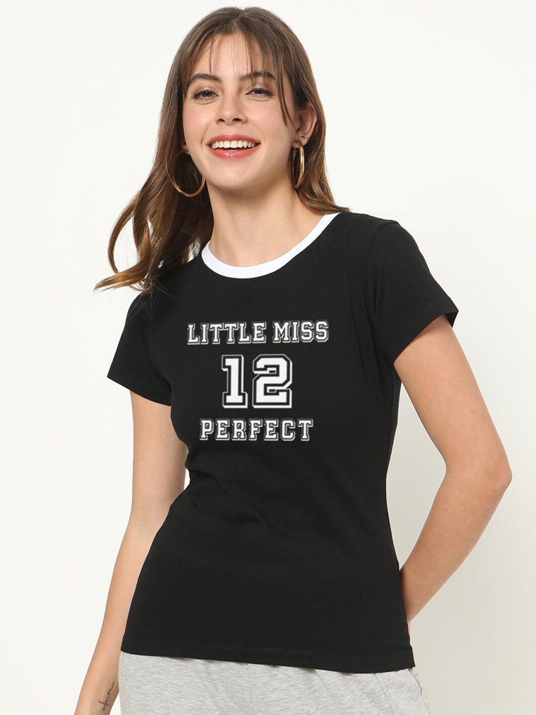 

Bewakoof Women Black Typography Printed Pure Cotton Applique Slim Fit T-shirt
