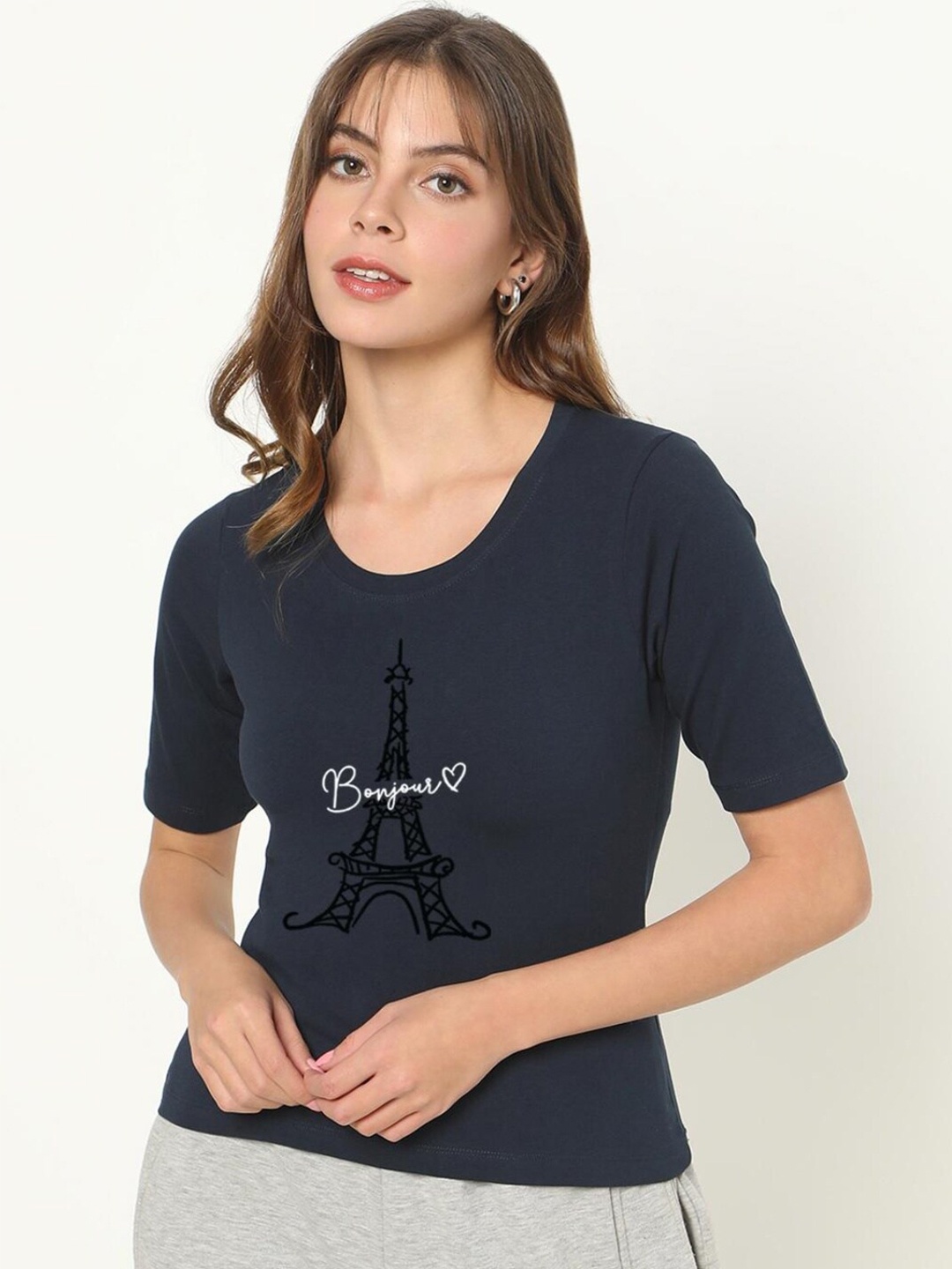

Bewakoof Women Blue Typography Printed Loose T-shirt