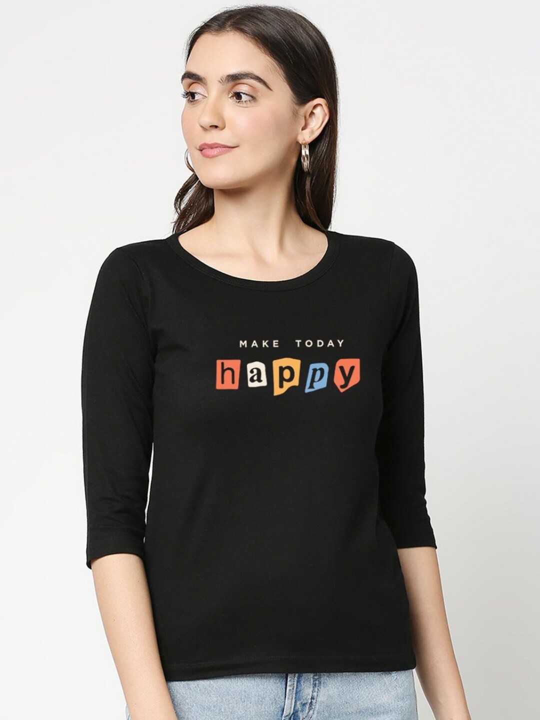 

Bewakoof Women Black Typography Printed Pure Cotton T-shirt