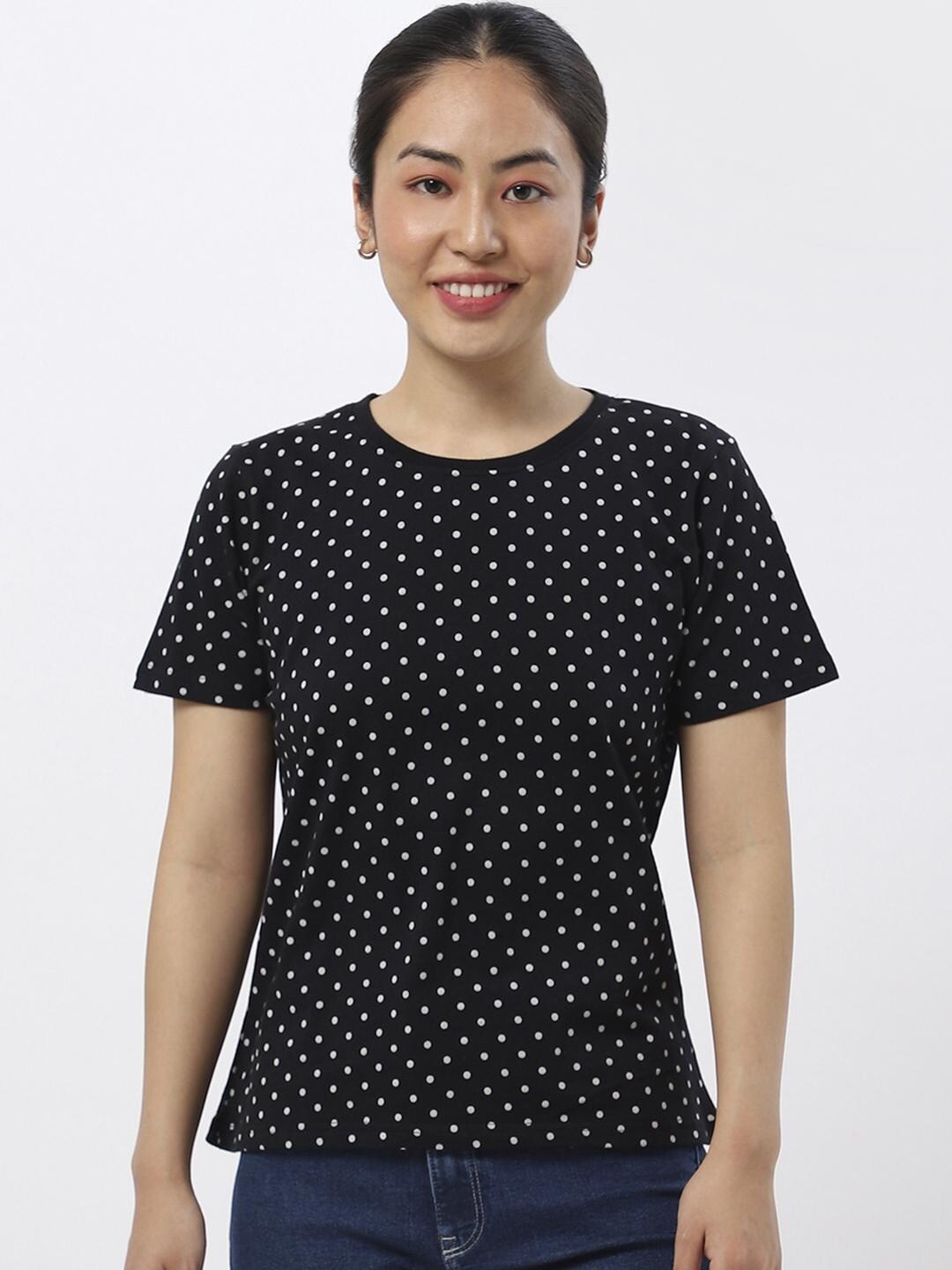 

Bewakoof Women Black Printed Drop-Shoulder Sleeves Monochrome Pure Cotton T-shirt