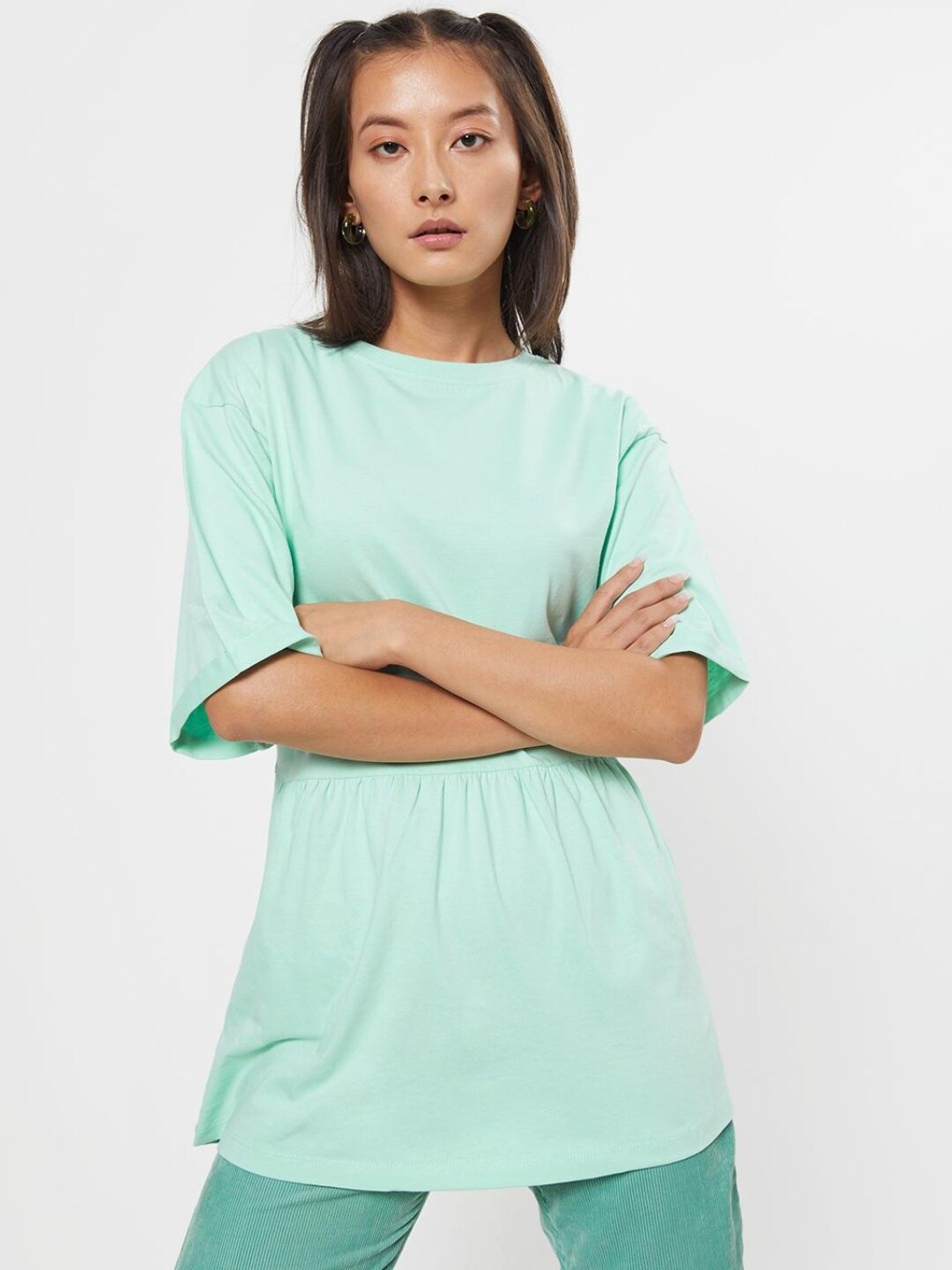 

Bewakoof Women Green High Neck Drop-Shoulder Sleeves Pure Cotton Loose T-shirt