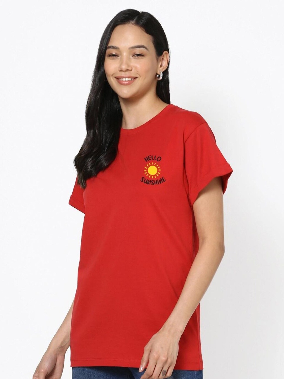 

Bewakoof Women Red Cotton Applique Slim Fit T-shirt