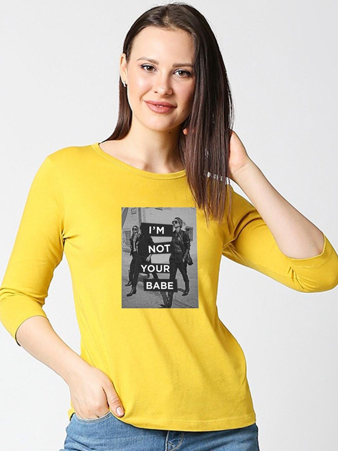

Bewakoof Women Yellow Printed Pure Cotton Slim Fit T-shirt