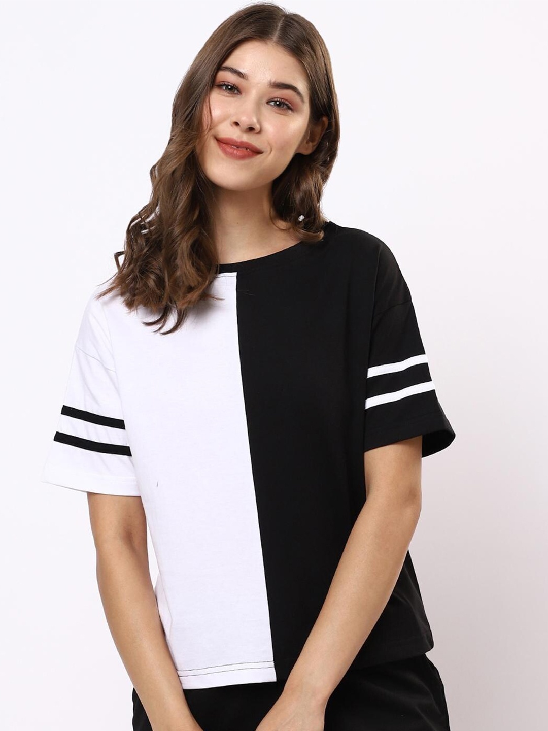 

Bewakoof Women Black & White Colourblocked Drop-Shoulder Sleeves Pure Cotton T-shirt